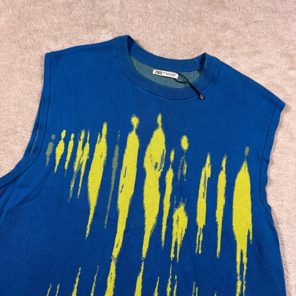 Zara Sweater Vest Men S Blue Yellow Abstract Graphic Knit Crew Neck Sleeveless